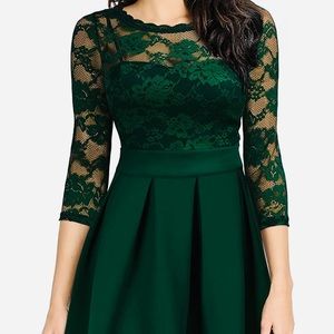 Miusol, L, Vintage Floral Lace Dress, Dark Green